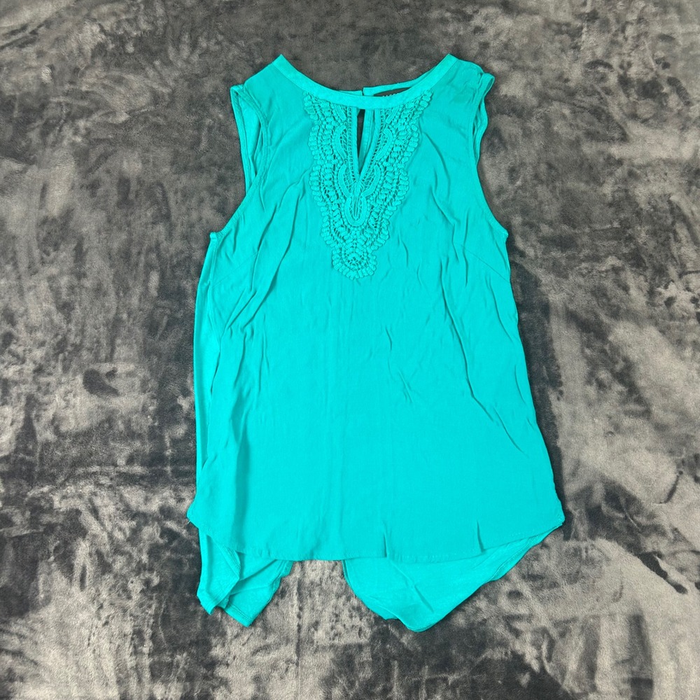 Grace Elements Sleeveless Top Womens Small Teal Crochet Lace High Low Hem 2889